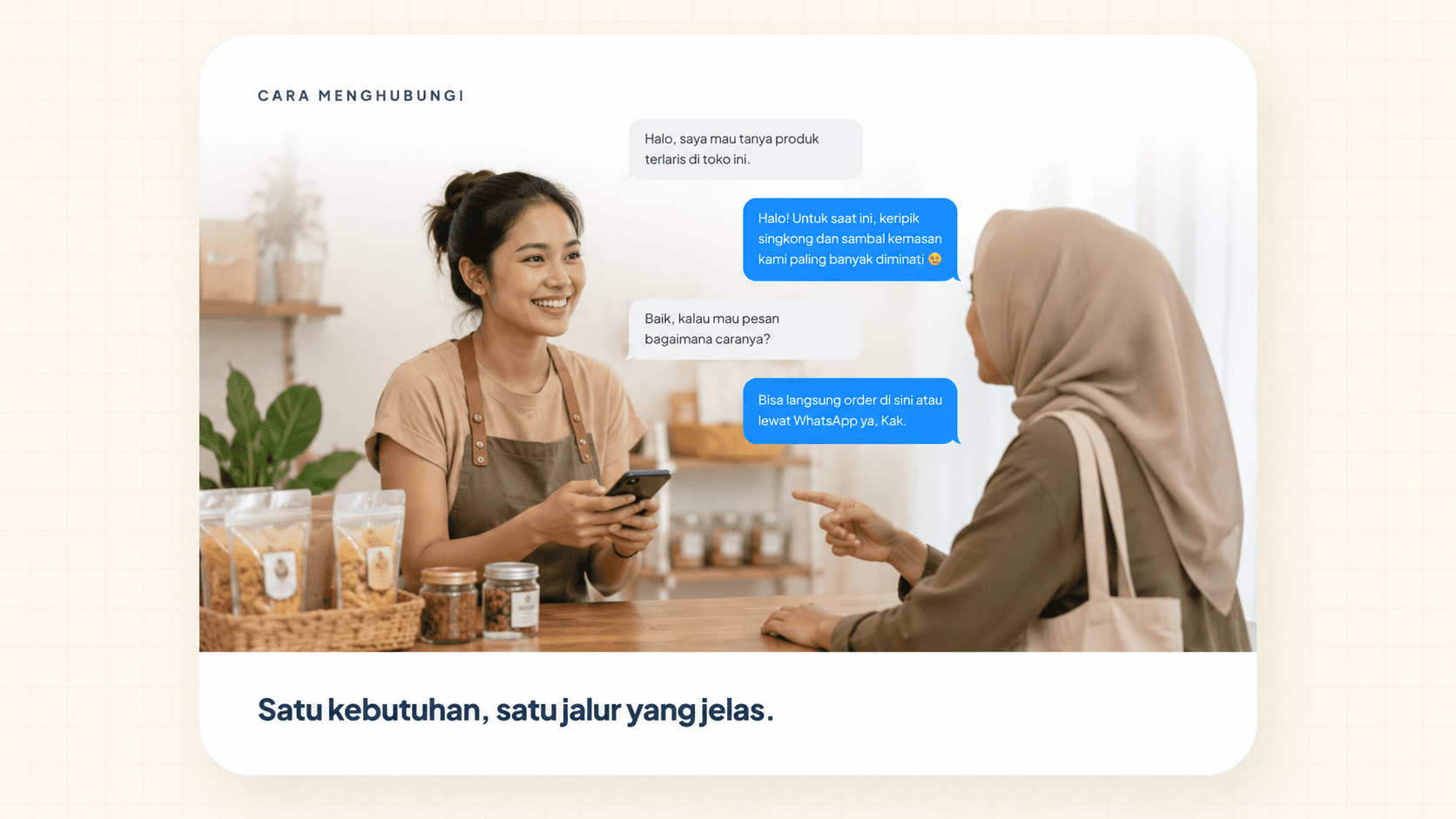 Ilustrasi pelaku UMKM melayani pelanggan dengan percakapan tentang produk dan cara pemesanan.